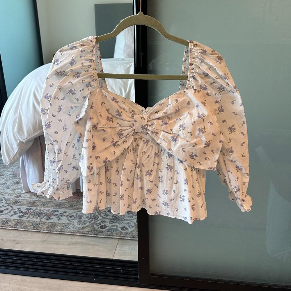 Storia Floral Puff Sleeve Top, Color: White/Purple, Size: Large